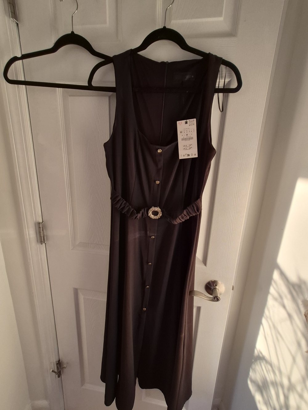 Zara Dark Brown Sleeveless Button-Front Maxi Dress with Rhinestone Buckle